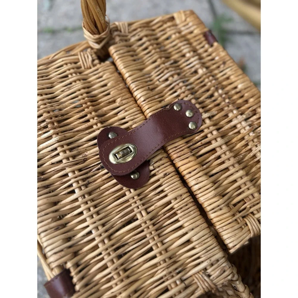 MCM Wicker Woven Picnic Basket with Lid & 2 Bottle Holders Vintage Boho Decor